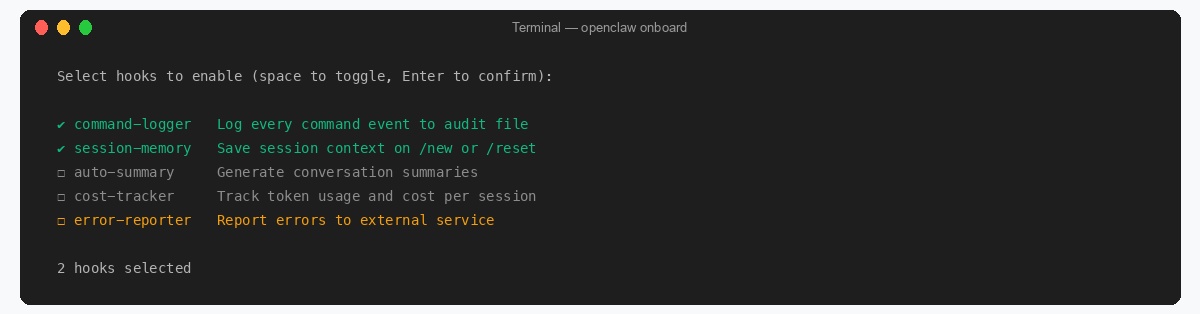 OpenClaw onboard hooks selection