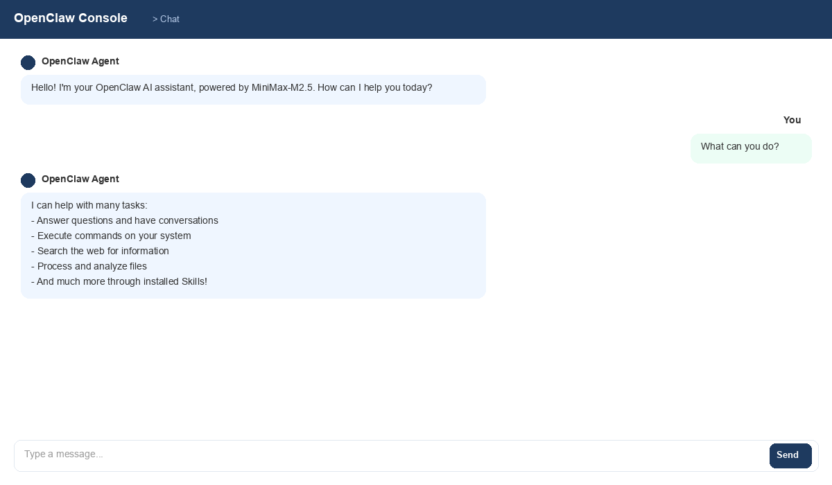 OpenClaw first chat in web console