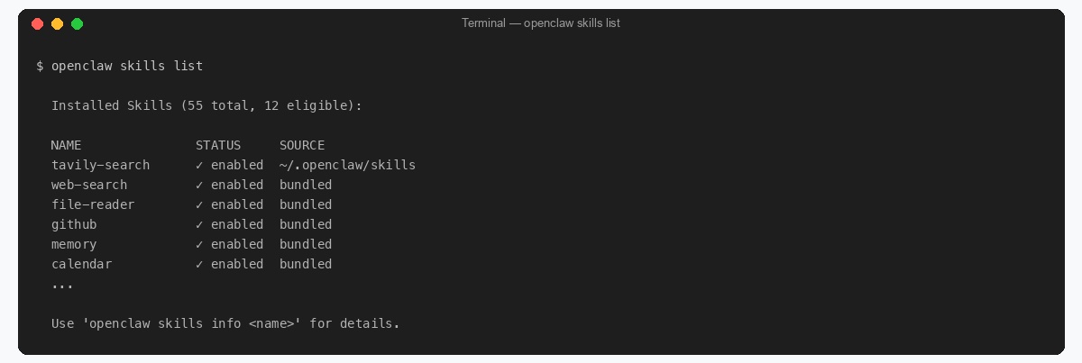 openclaw skills list output
