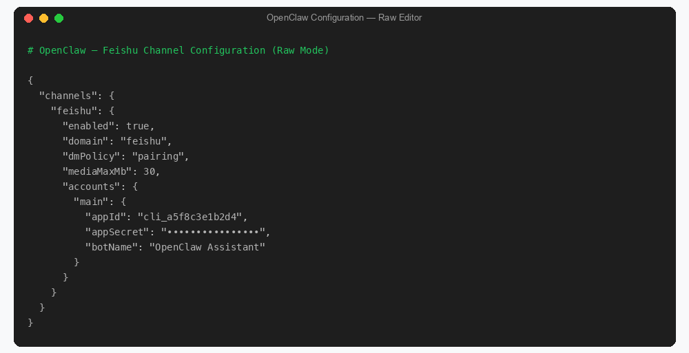 OpenClaw Feishu channel raw config