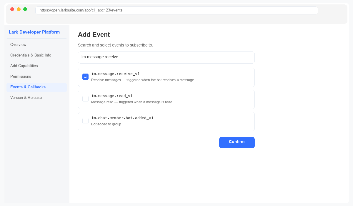 Feishu add receive message event